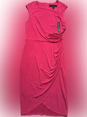 NWT Clover & Sloane Sz 8  Sleeveless Fuchsia Ruched Midi Dress w/ drape